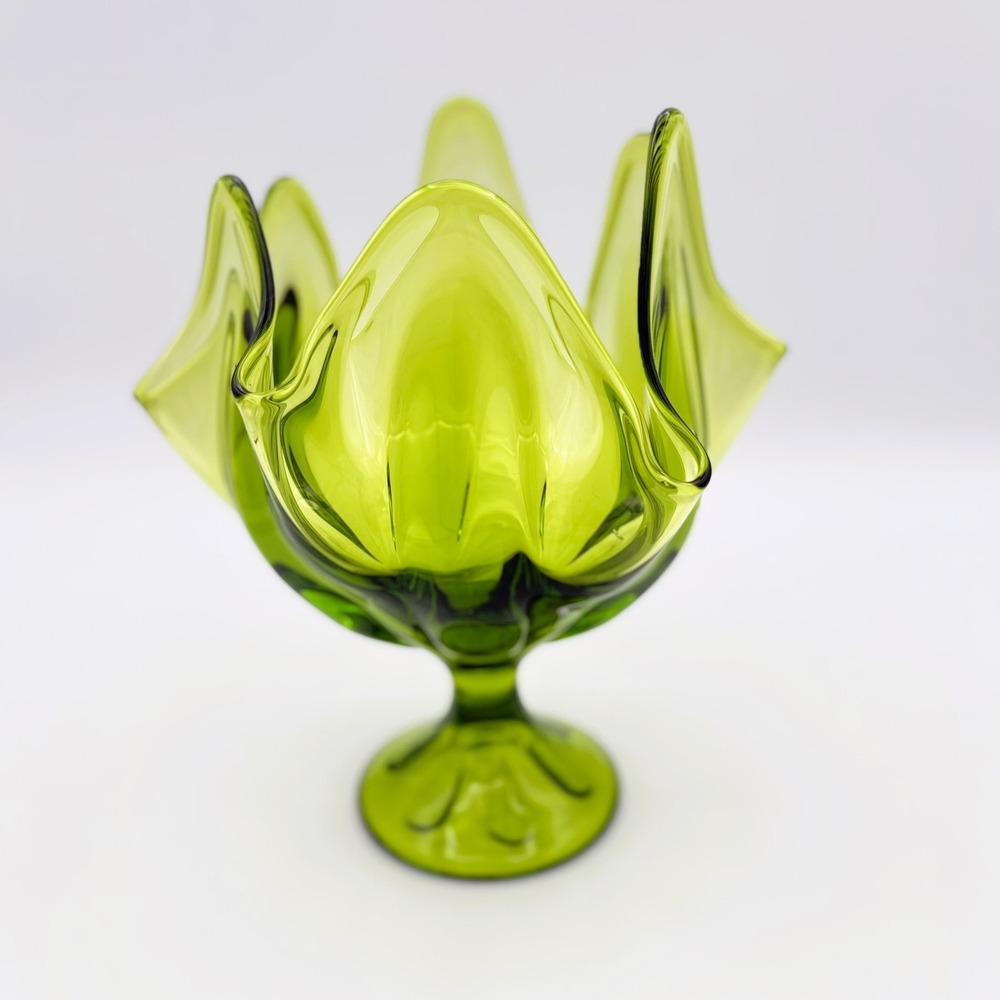 Vintage MCM Viking Green Glass Swung Handkerchief Vase Pedestal 6 Petals
